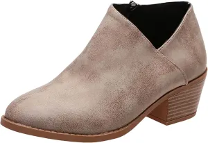AMDBEL Fall Boots for Women 2024 Low Heel Short Boots Leather Point Toe Zip Up Comfortable Western Fall Winter Shoes