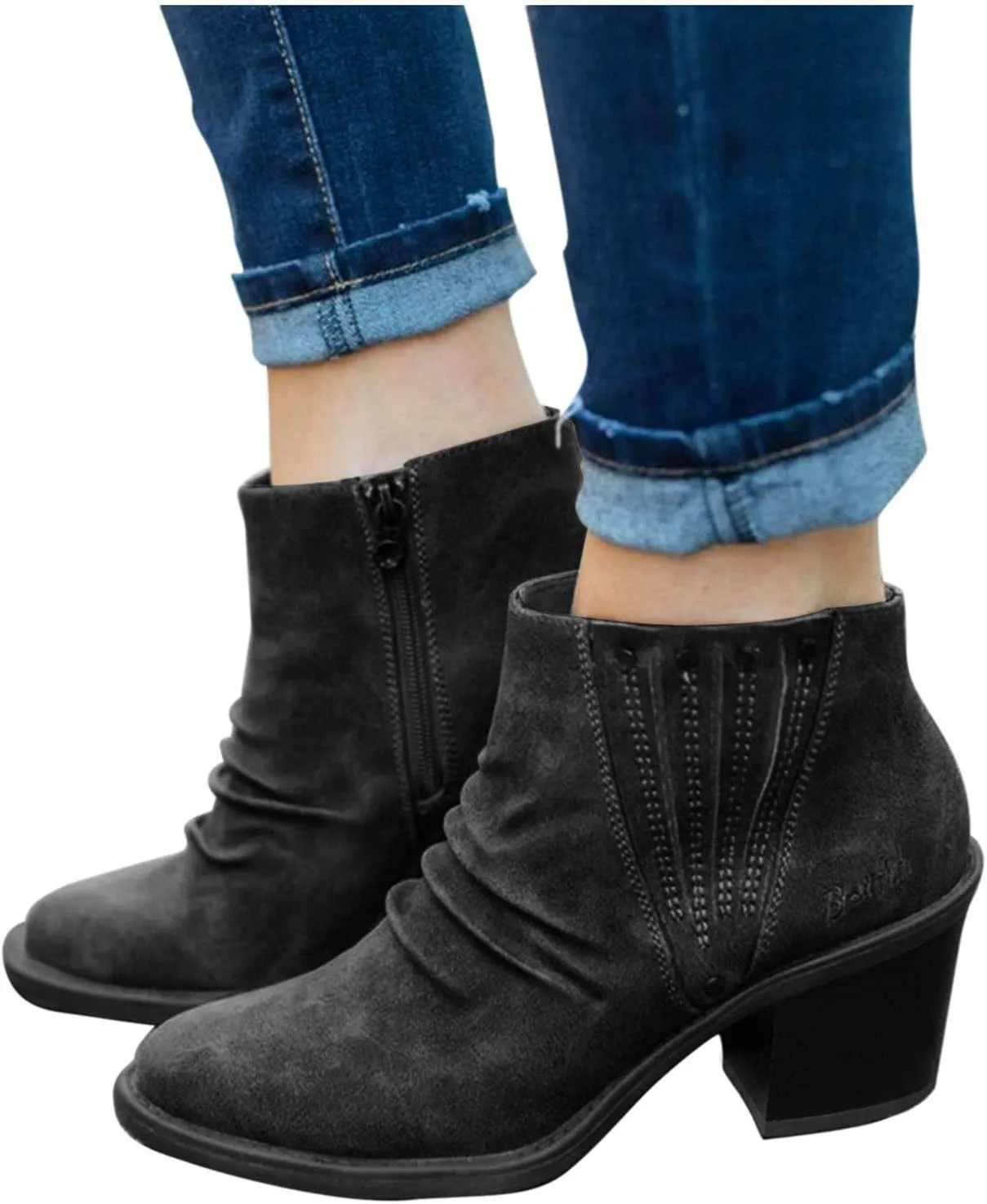 AMDBEL Fall Shoes for Women 2024 Low Chunky Heel Zipper Booties Point Toe Short Boots Roman Dressy Fall Winter Shoes