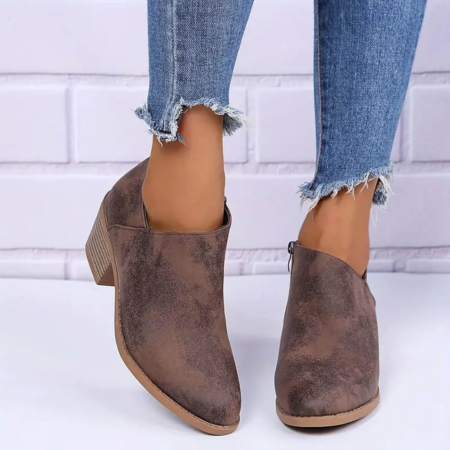 AMDBEL Fall Shoes for Women 2024 Low Heel Short Boots Leather Point Toe Zip Up Comfortable Western Fall Winter Shoes