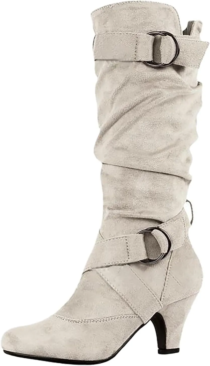 AMDBEL Mid Calf Boots for Women High Heel Fall Boots for Women 2024 Winter Slip On Pointed Toe Boots Fashion Booties Shoes