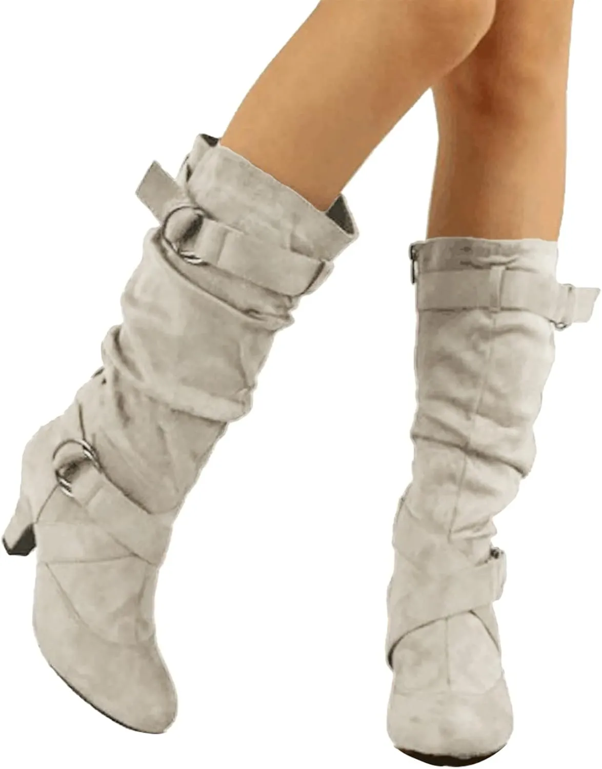 AMDBEL Mid Calf Boots for Women High Heel Fall Boots for Women 2024 Winter Slip On Pointed Toe Boots Fashion Booties Shoes