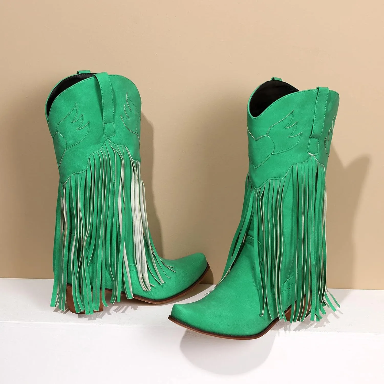 AMDBEL Mid Calf Boots for Women Low Heel Fall Boots for Women 2024 Winter Retro Tassel Pointed Toe Cowboy Boots Fashion Shoes