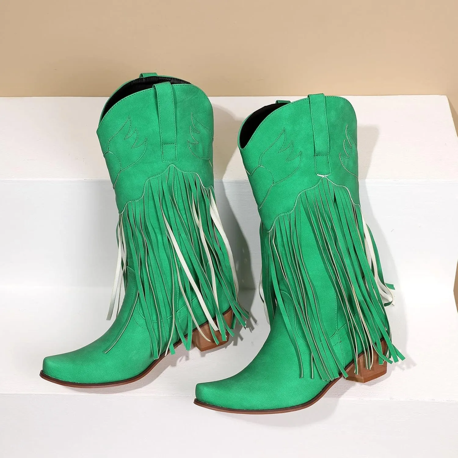 AMDBEL Mid Calf Boots for Women Low Heel Fall Boots for Women 2024 Winter Retro Tassel Pointed Toe Cowboy Boots Fashion Shoes