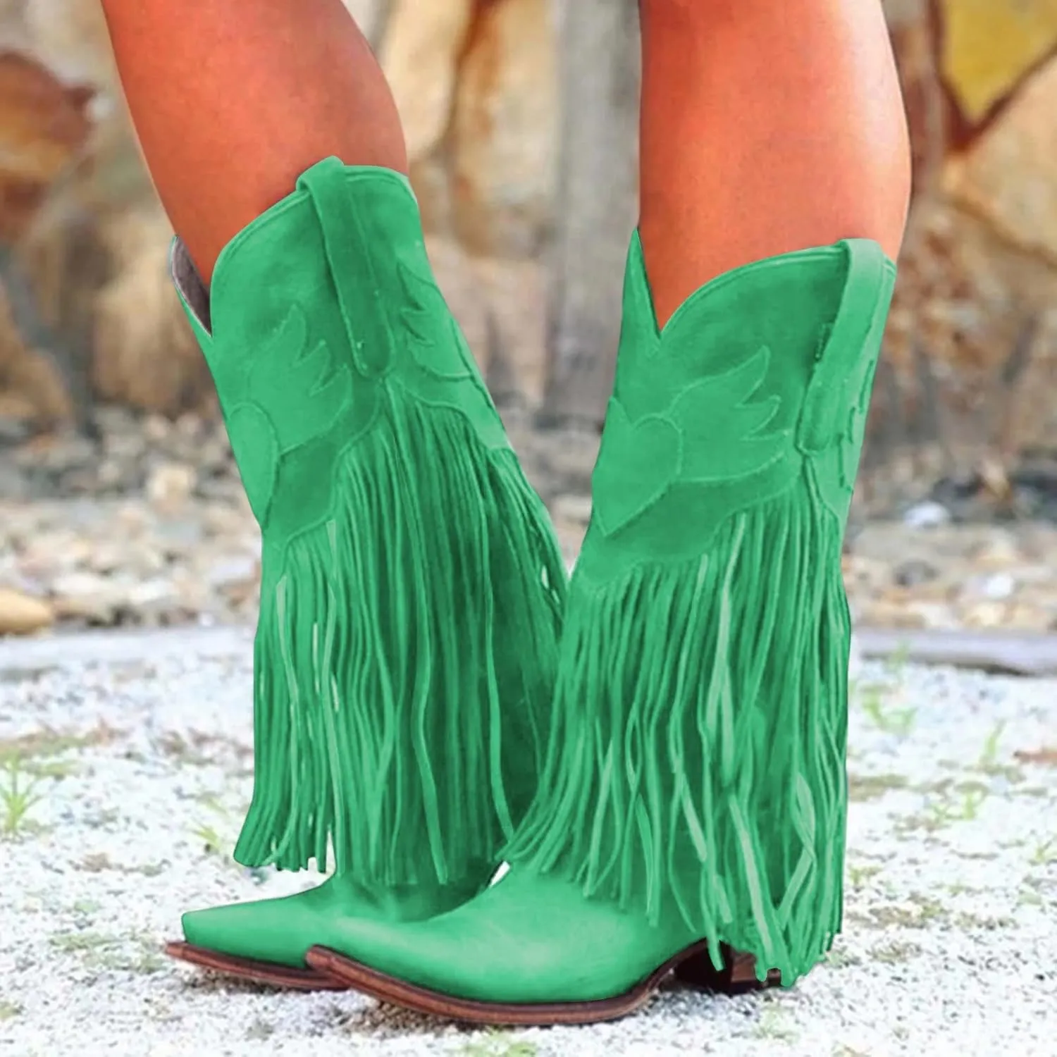 AMDBEL Mid Calf Boots for Women Low Heel Fall Boots for Women 2024 Winter Retro Tassel Pointed Toe Cowboy Boots Fashion Shoes