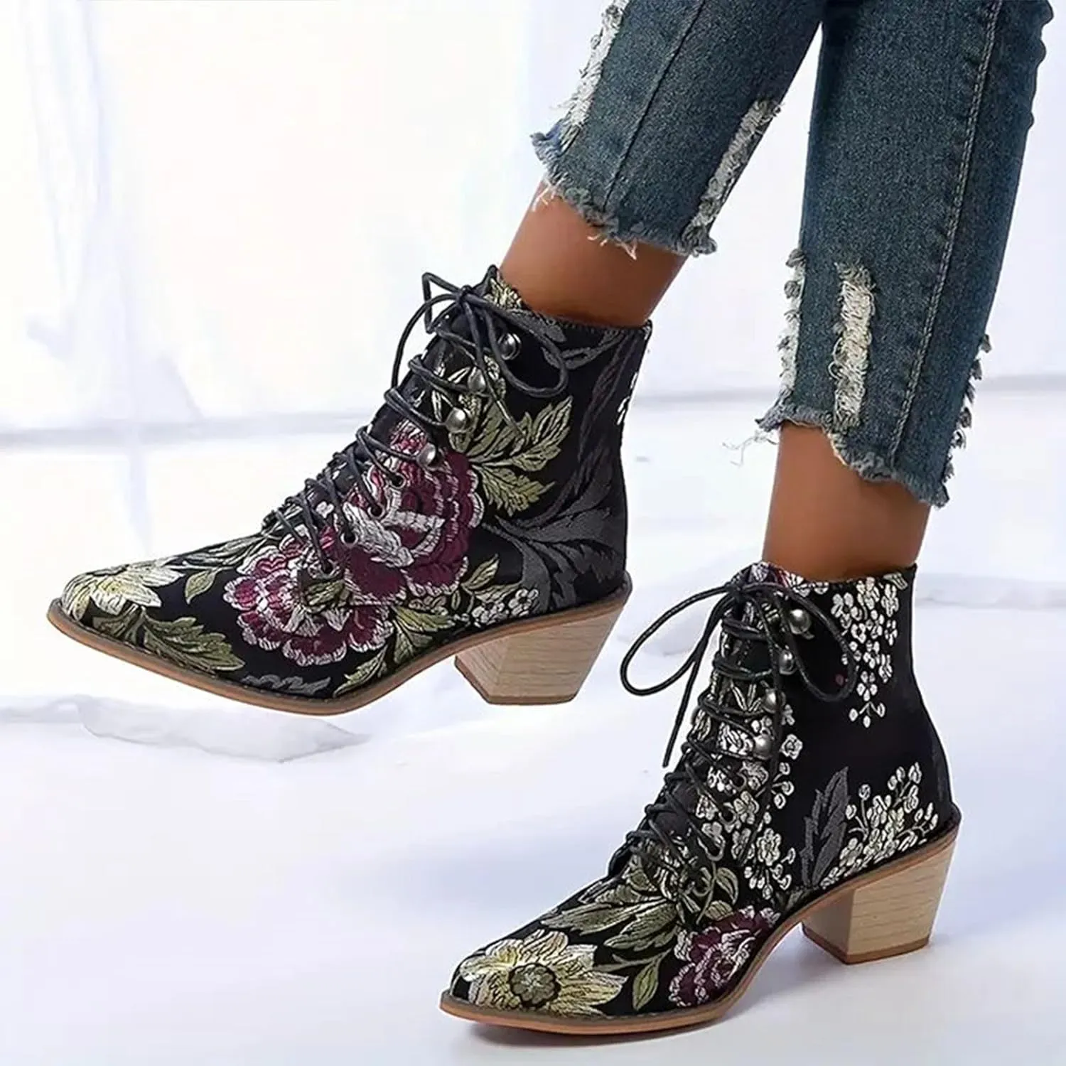 AMDBEL Wedge Fall Shoes for Women 2024 Chunky High Heel Lace Up Boots Pointed Toe Lace Up Embroidery Flower Ethnic Boots