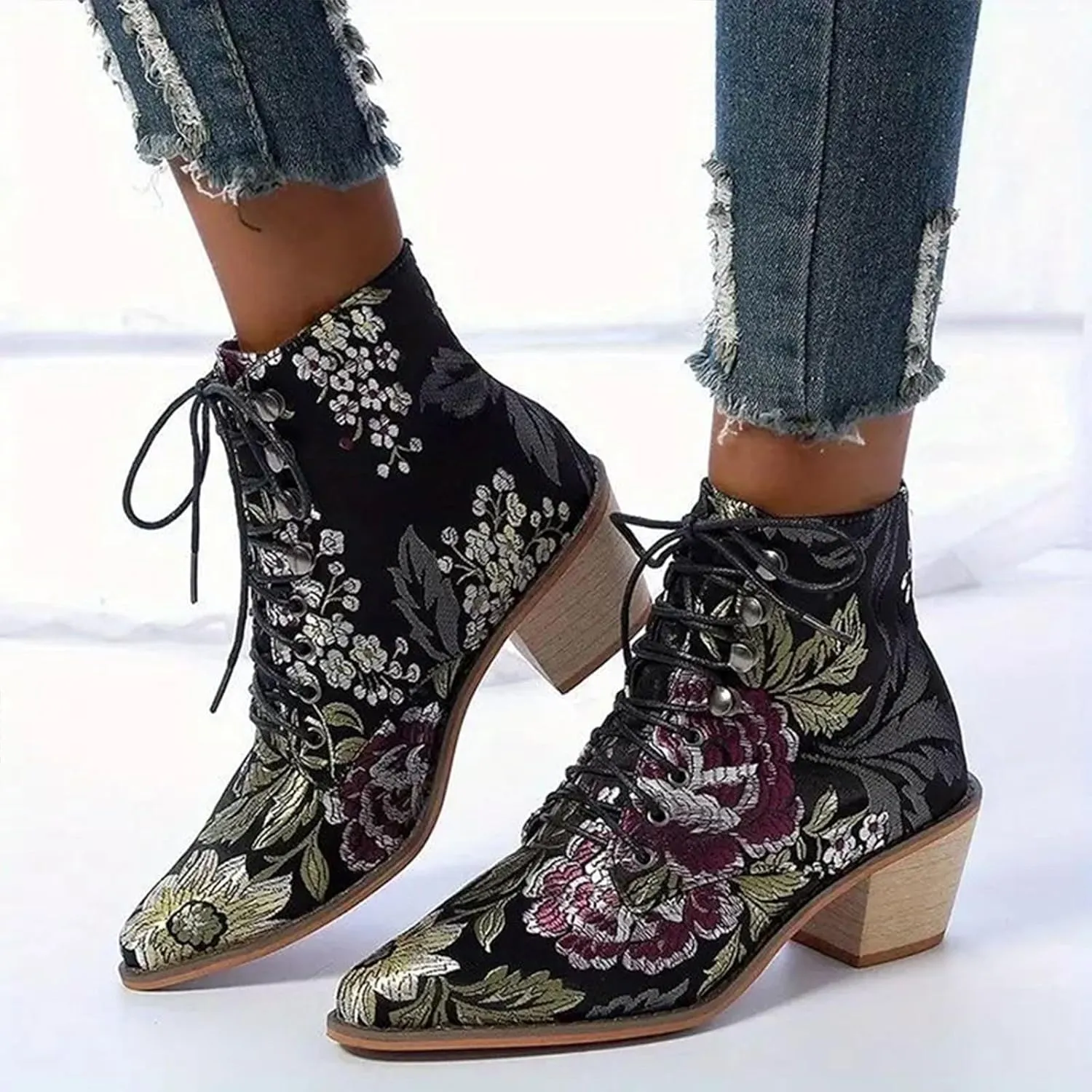 AMDBEL Wedge Fall Shoes for Women 2024 Chunky High Heel Lace Up Boots Pointed Toe Lace Up Embroidery Flower Ethnic Boots