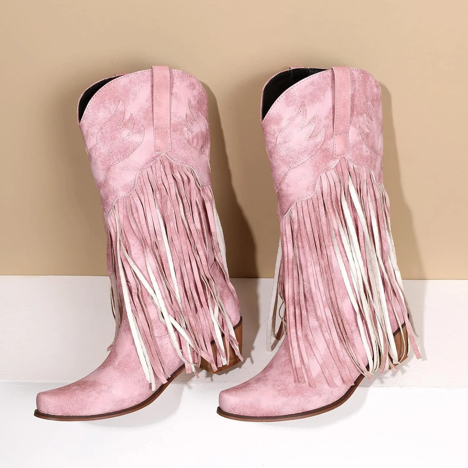 AMDBEL Wide Calf Boots for Women Low Heel Womens Fall Boots 2024 Winter Retro Tassel Pointed Toe Cowboy Boots Fashion Shoes