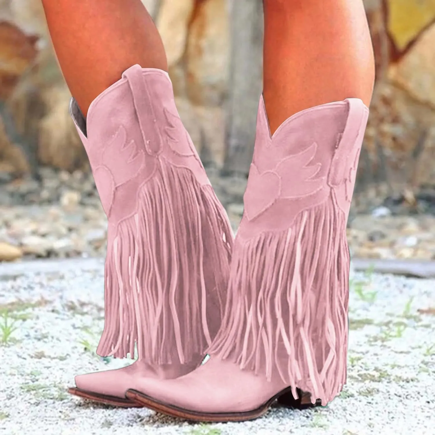 AMDBEL Wide Calf Boots for Women Low Heel Womens Fall Boots 2024 Winter Retro Tassel Pointed Toe Cowboy Boots Fashion Shoes