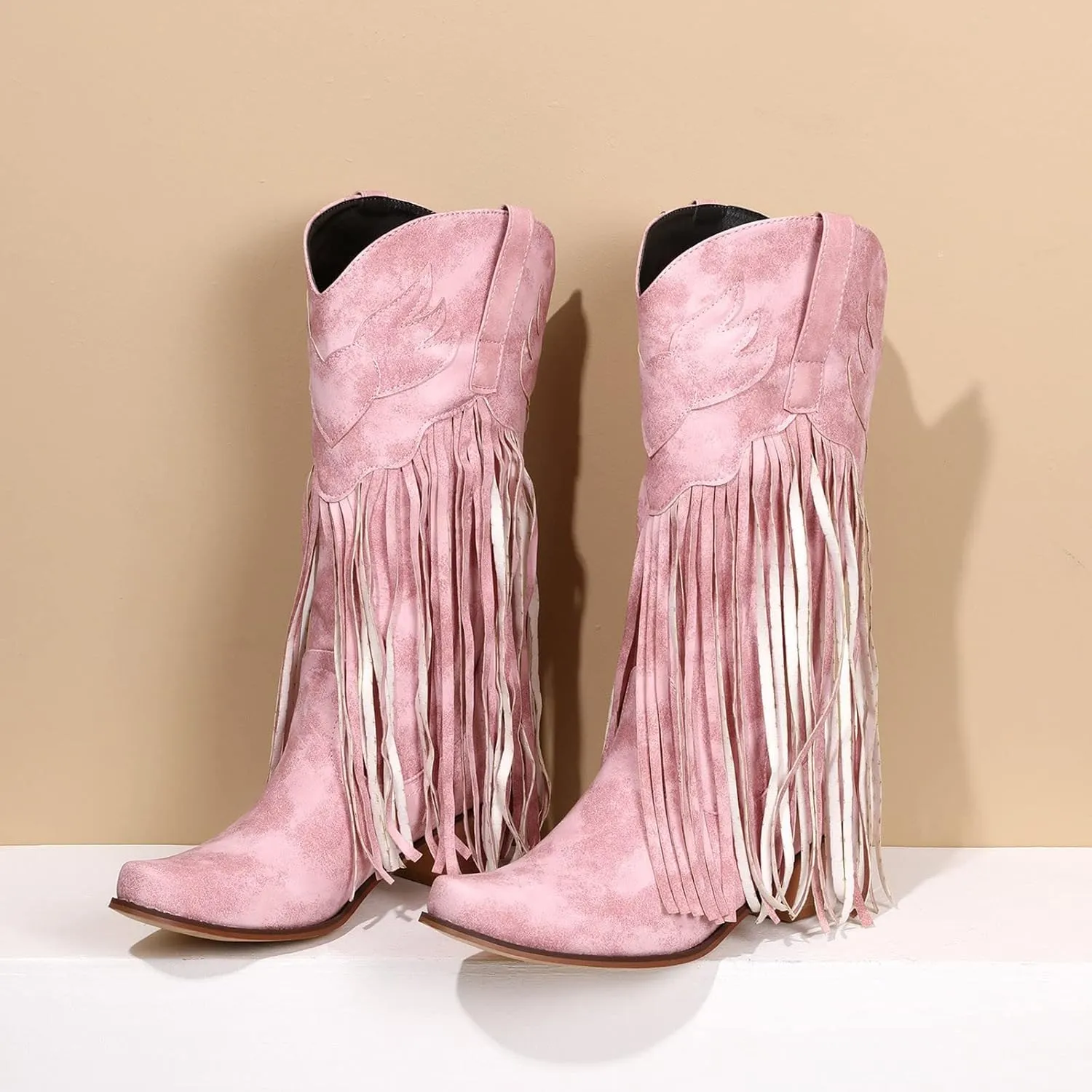AMDBEL Wide Calf Boots for Women Low Heel Womens Fall Boots 2024 Winter Retro Tassel Pointed Toe Cowboy Boots Fashion Shoes