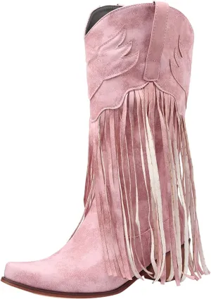 AMDBEL Wide Calf Boots for Women Low Heel Womens Fall Boots 2024 Winter Retro Tassel Pointed Toe Cowboy Boots Fashion Shoes
