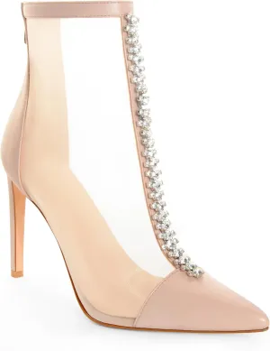 ANN CREEK Women's Stiletto Heels Ankle Boots Mesh Patchwork Booties Rhinestones Detail Summer Ankle Boots Back Zipper Pointed Toe Nude Size US9