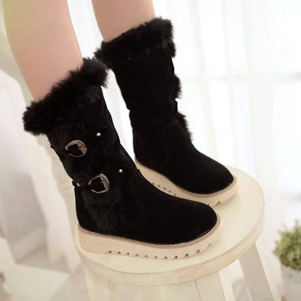 Bcshiye Women's Snow Boots Warm Fur Lined Ankle Booties Anti-Slip Winter Calf Boots Soft Slip-On Mid-Calf Shoes Booties