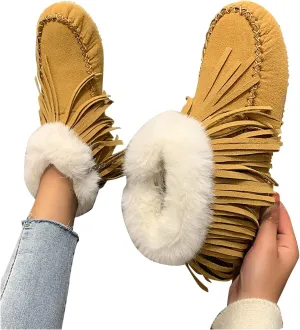 Bcshiye Women's Winter Snow Boots Fringe Warm Fur Lining Ankle Booties Slip on Comfort Fashion Flat Outdoor Ankle Shoes