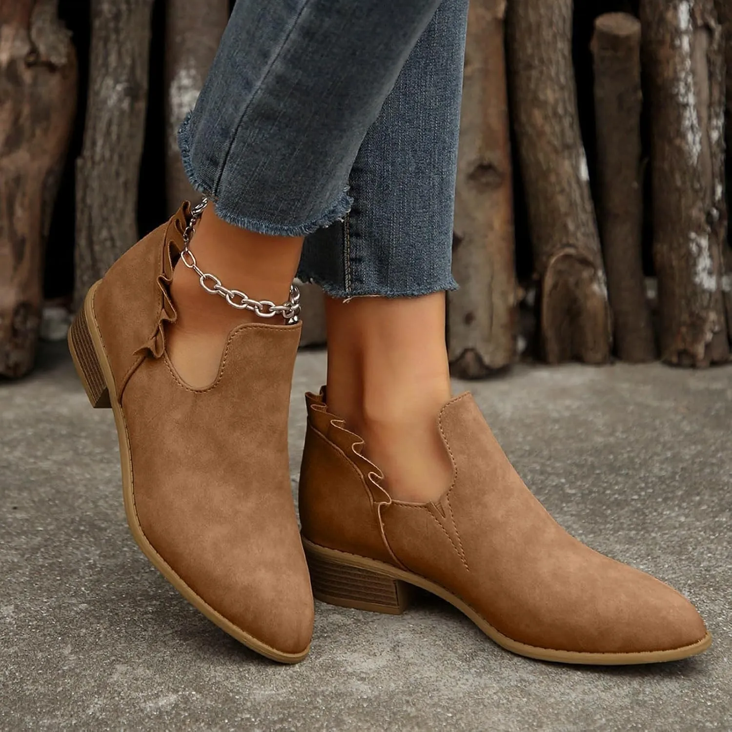 Cathalem Ankle Boots for Women, 2024 New V Cutout Ankle Boots Pointed Toe Chunky Fall Boots Western Boots Low Heel Boots