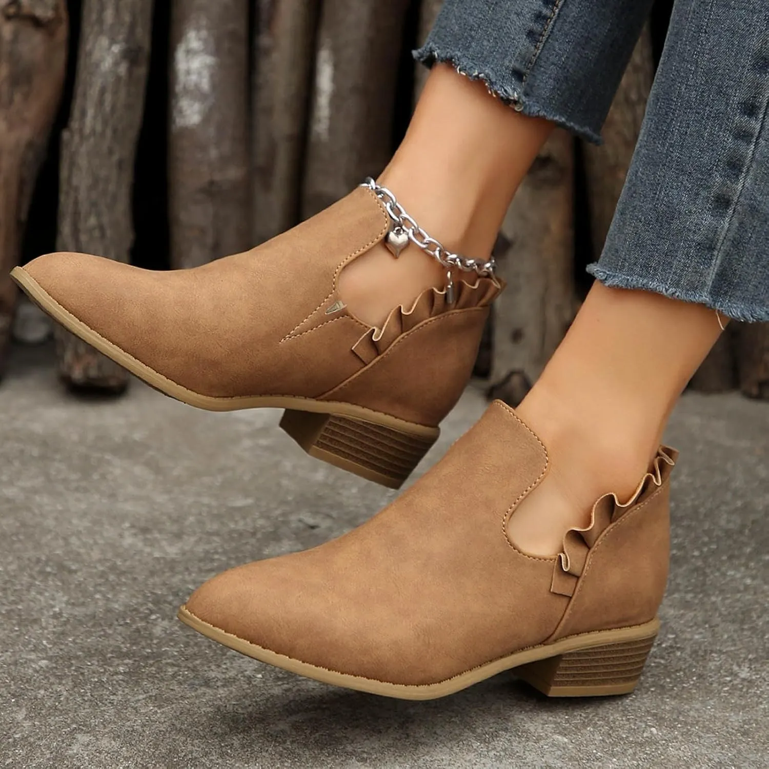 Cathalem Ankle Boots for Women, 2024 New V Cutout Ankle Boots Pointed Toe Chunky Fall Boots Western Boots Low Heel Boots