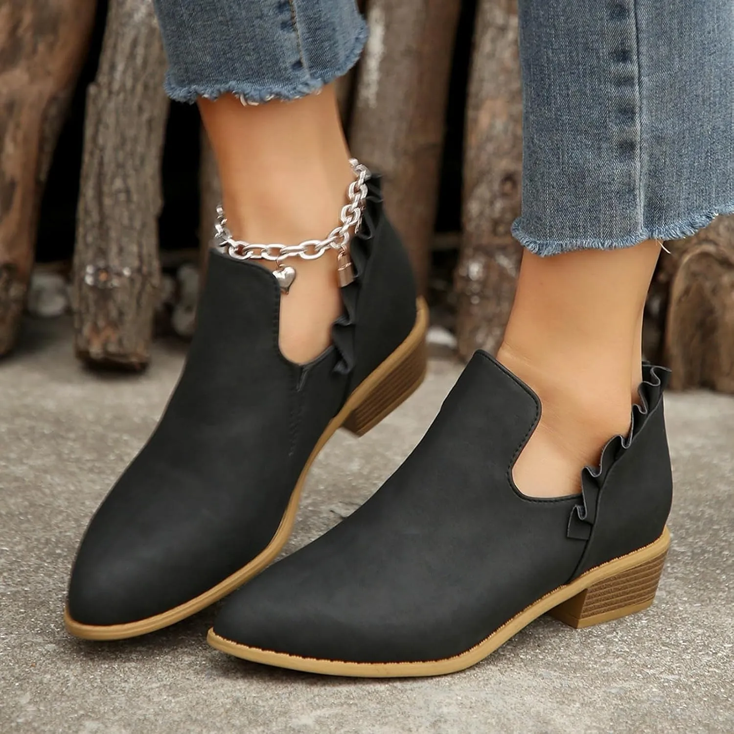 Cathalem Ankle Boots for Women, 2024 New V Cutout Ankle Boots Pointed Toe Chunky Fall Boots Western Boots Low Heel Boots