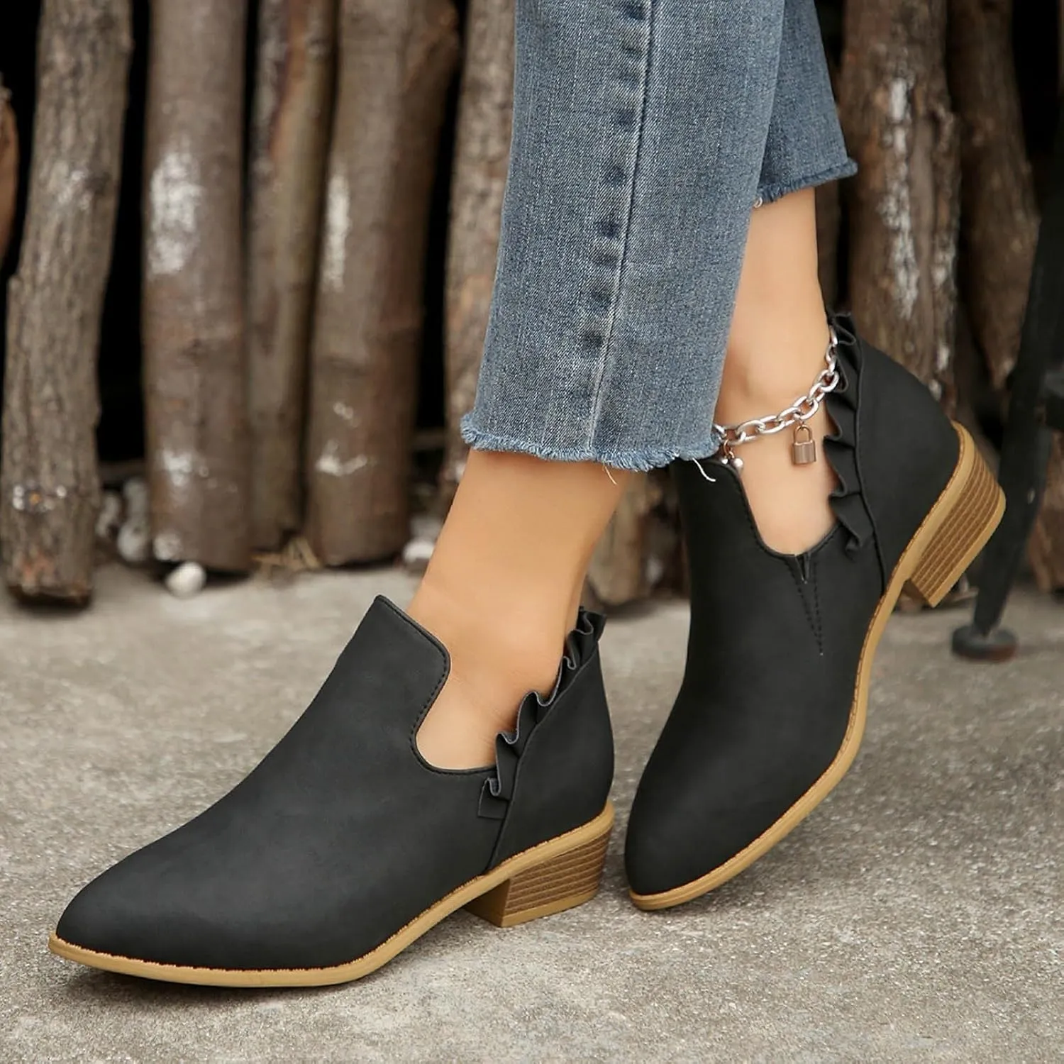 Cathalem Ankle Boots for Women, 2024 New V Cutout Ankle Boots Pointed Toe Chunky Fall Boots Western Boots Low Heel Boots