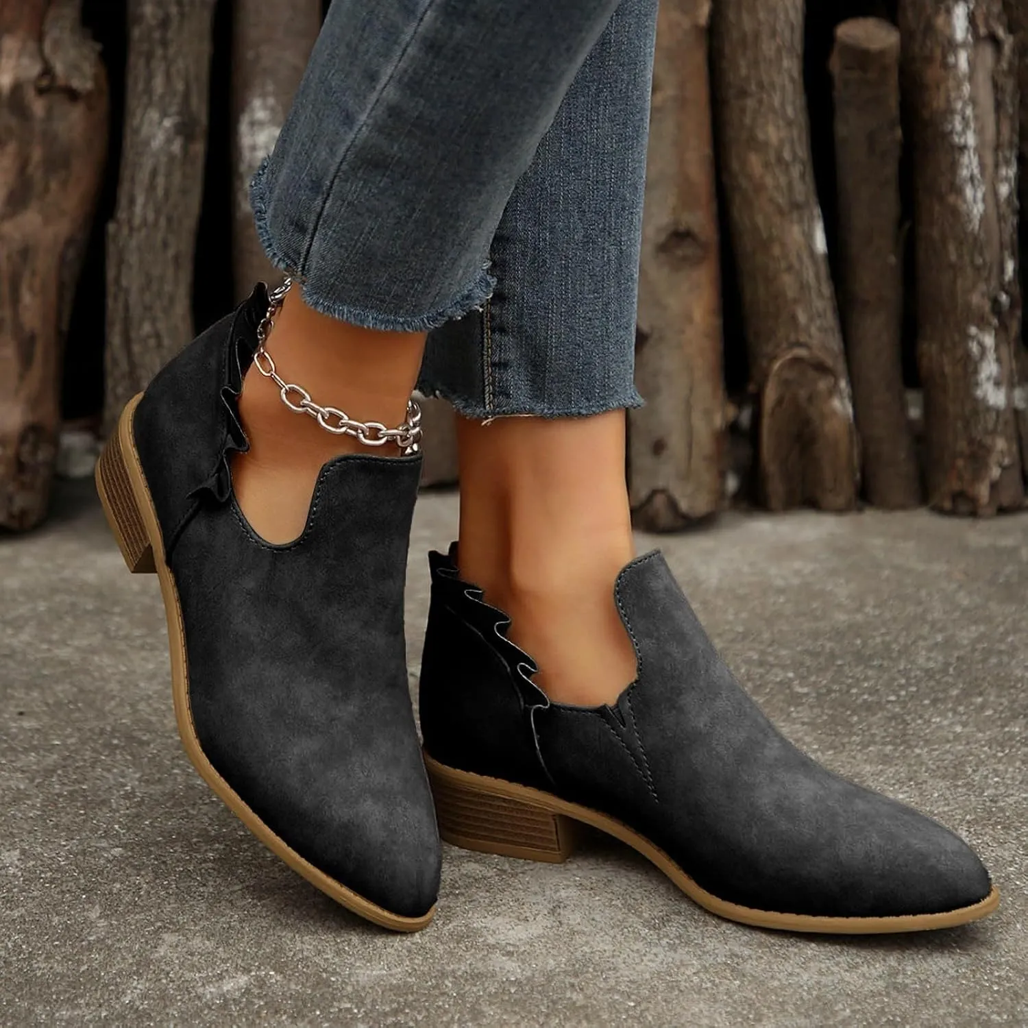 Cathalem Ankle Boots for Women, 2024 New V Cutout Ankle Boots Pointed Toe Chunky Fall Boots Western Boots Low Heel Boots