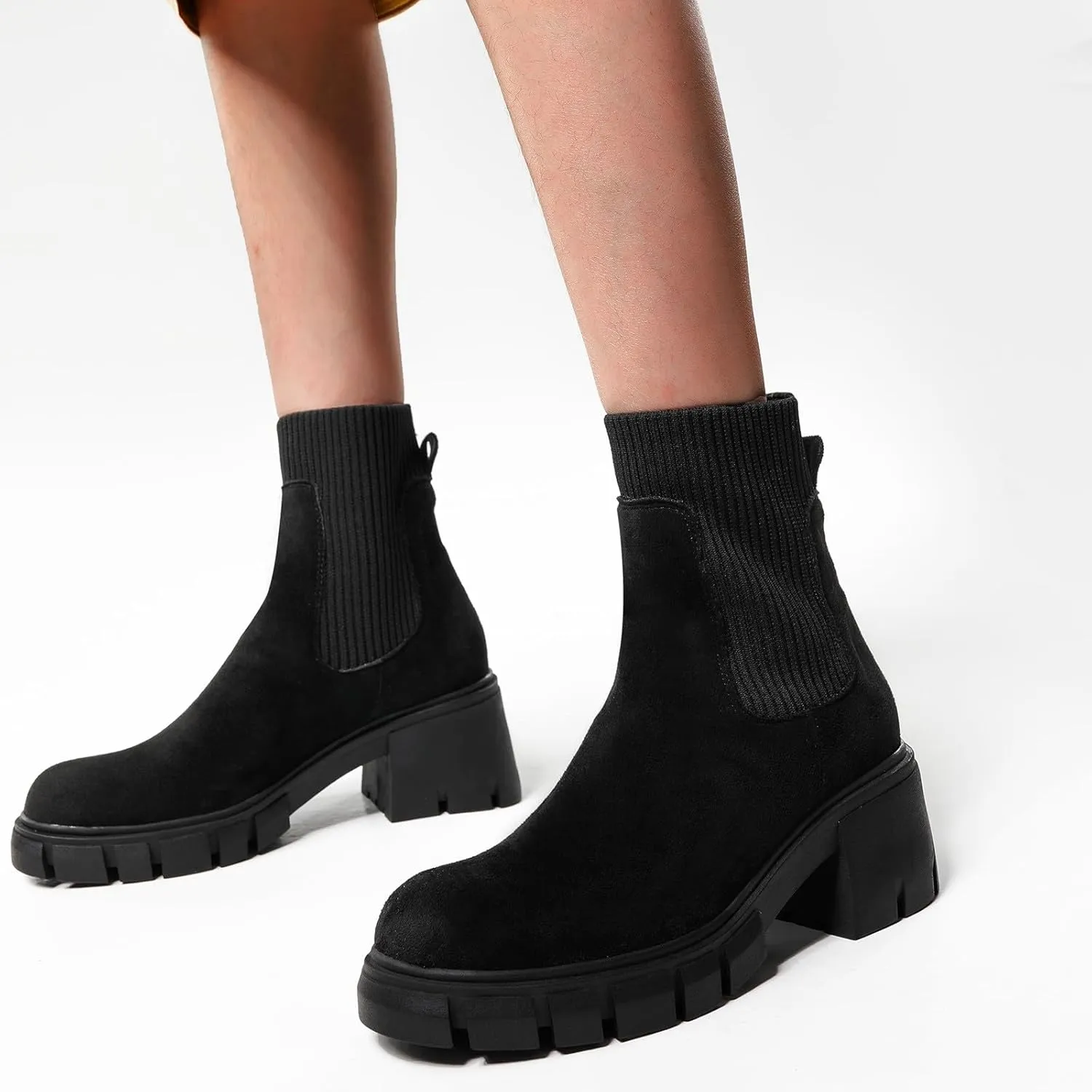 Cathalem Ankle Boots for Women Chelsea Square Toe Chunky Heel Booties Comfortable Slip on Short Boots Womens Fall Boots 2024