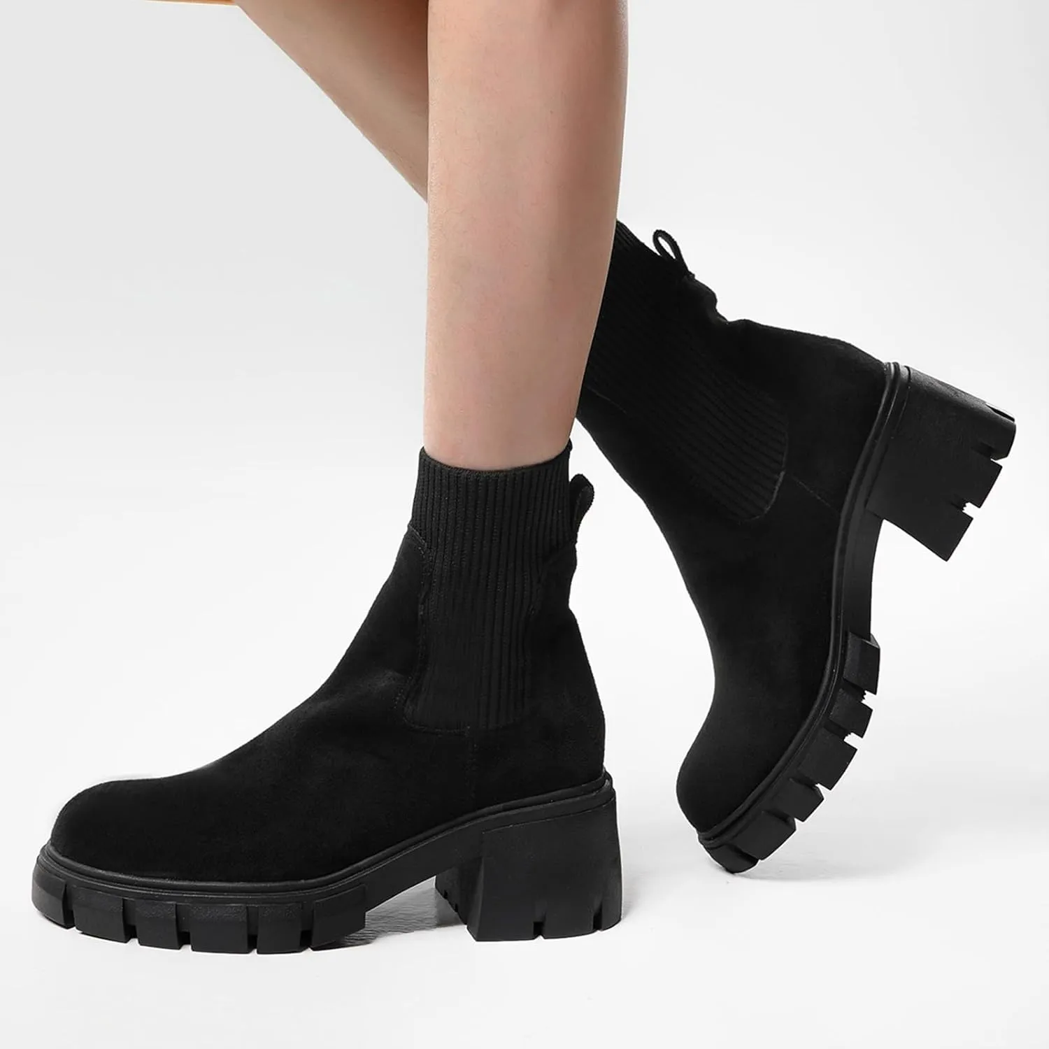 Cathalem Ankle Boots for Women Chelsea Square Toe Chunky Heel Booties Comfortable Slip on Short Boots Womens Fall Boots 2024