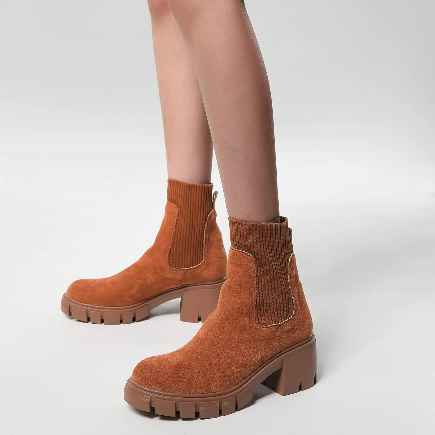 Cathalem Ankle Boots for Women Chelsea Square Toe Chunky Heel Booties Comfortable Slip on Short Boots Womens Fall Boots 2024