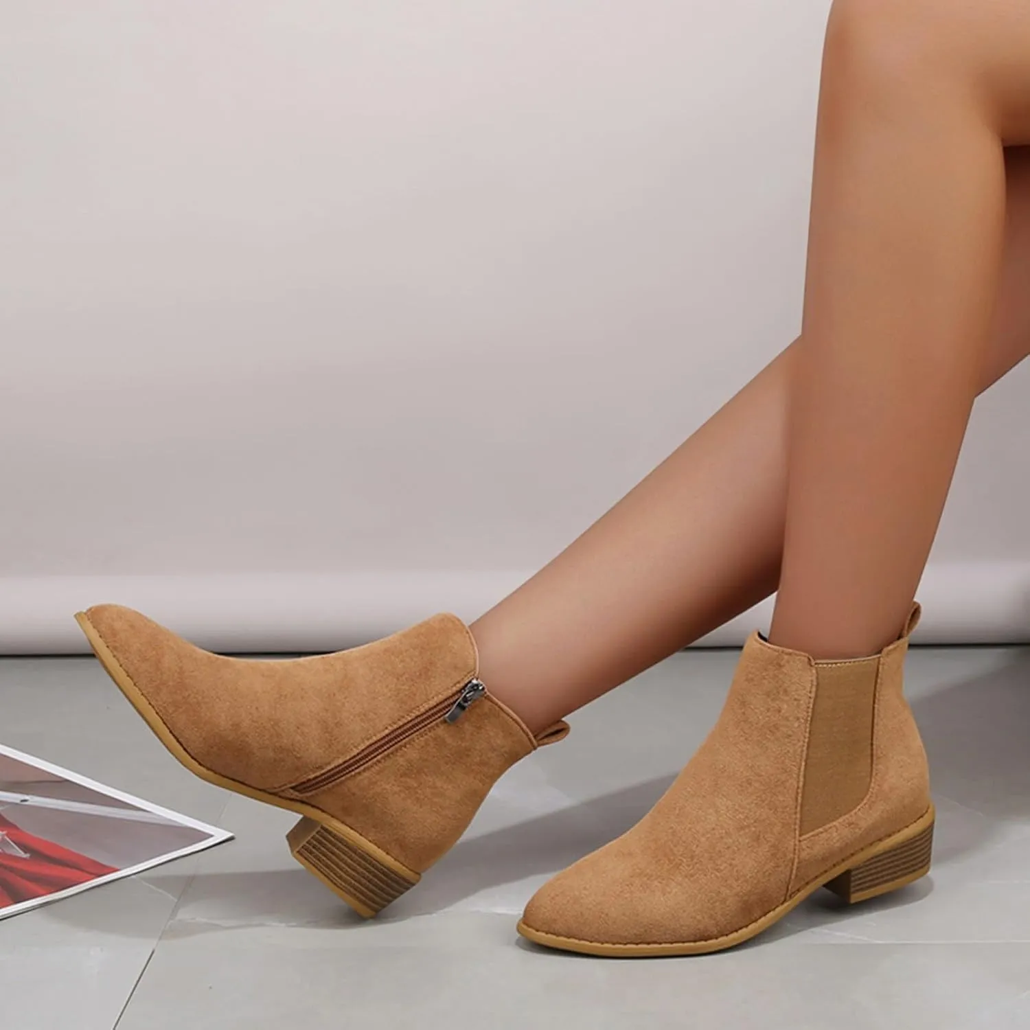 Cathalem Ankle Boots for Women, Womens Low Heel Chelsea Ankle Boots Platform Booties Pull On Winter Short Boot Shoes