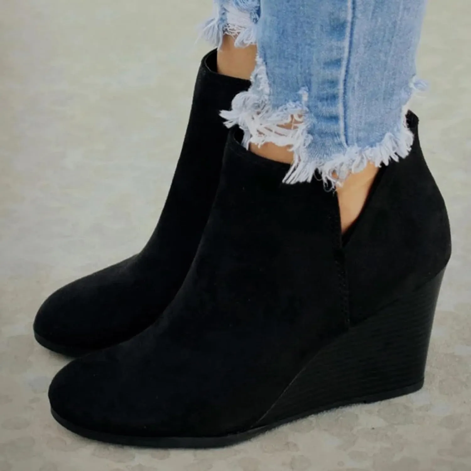 Cathalem Wedge Boots for Women, 2024 New Wedge Ankle Boots Comfort Slip-On Waterproof Leather Platform Booties