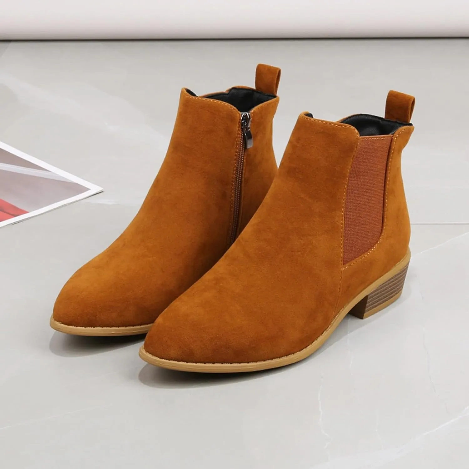 Cathalem Women's Ankle Boots, Women's Low Heel Chelsea Ankle Boots Fashion Slip On Elastic Fall Booties Shoes