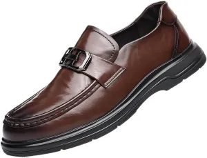 Classic Men's Leather Dress Shoes Mens Modern Business Casual Slip On Oxfords Shoes Breathable Lightweight Derby Shoes(Brown,9)