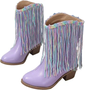 Cowgirl Boots for Girls Western Cowboy Boots Mid Calf Riding Shoes Glitter Fringe Mid Calf Boots with Block Low Heels