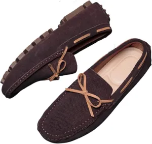 Driving Moccasins for Men Deck Shoes Genuine Leather Stitching Details Round Toe 1-Eye Suede Vamp Flat Heel Resistant Flexible Anti-Slip Driving for Any Attire