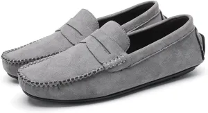 Driving Moccasins Smoking Loafer for Men Genuine Leather Round Toe Suede Vamp Penny Loafer Flexible Anti-Slip Flat Heel Walking Slip On (Color : Grey, Size : 10)