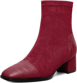 Esvowido Women's Ankle Boots Cap Toe Heels Square Toe Two Toned Block Low Heel Booties Slip on Suede Faux Crocodile Winter Boots