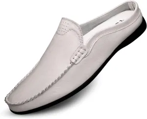 HOOENG Driving Moccasins Smoking Loafer for Men Breathable Backless Moccasins Shoes Leather Flexible Resistant Anti-Slip Outdoor Slip On (Color : White, Size : 8.5)