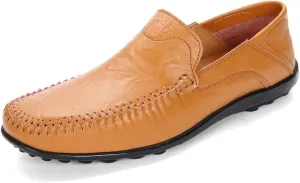 HOOENG Driving Moccasins Smoking Loafer for Men Simple Moccasins Driving Shoes Leather Resistant Flat Heel Lightweight Flexible Outdoor Slip On (Color : Yellowish Brown, Size : 10)
