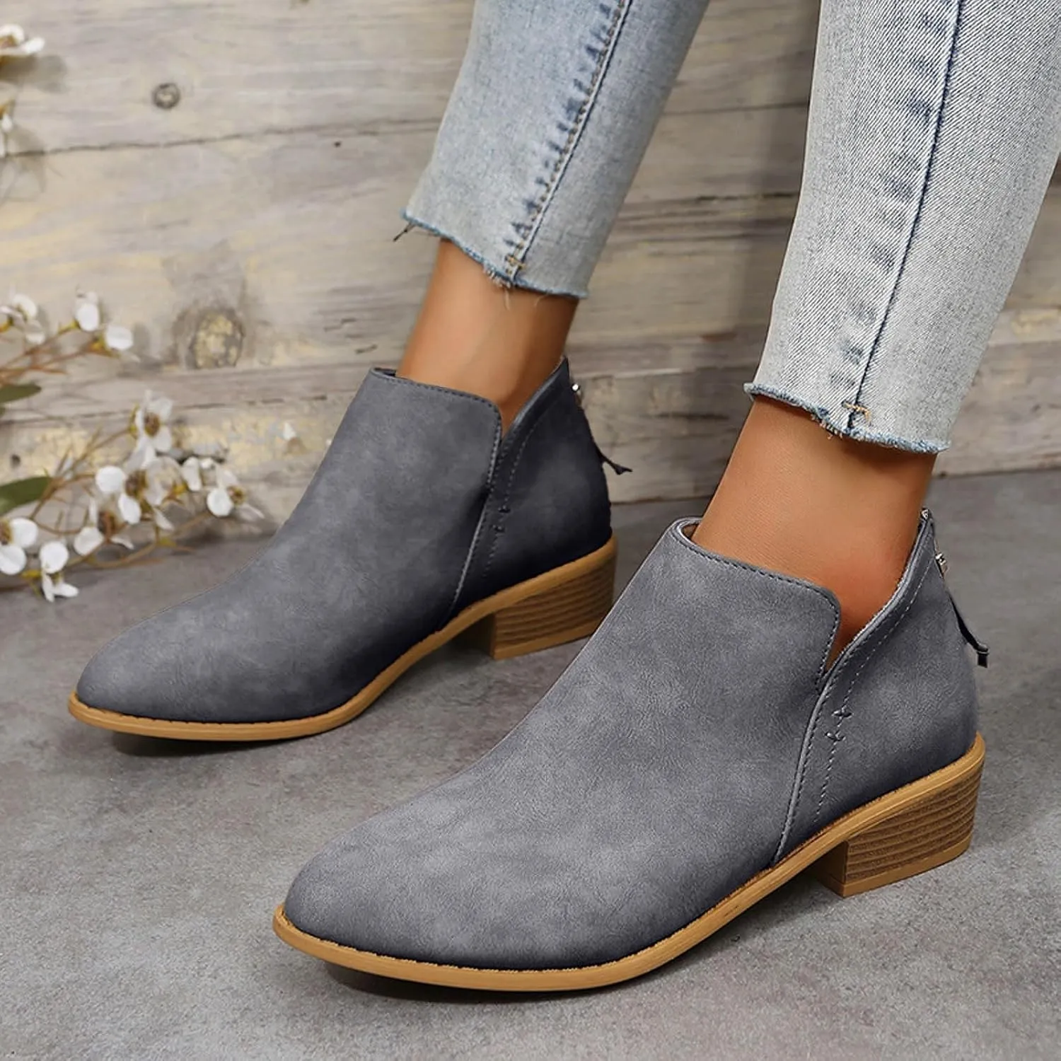 Leather Ankle Boots for Women Ankle Boots for Women Low Heel Zipper Pointed Toe Short Boot Comfy Casual Walking Shoes