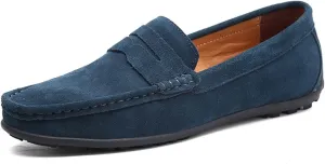 Loafer Shoes for Men Genuine Leather Stitching Details Round Toe Suede Vamp Penny Loafer Rubber Sole Resistant Flexible Flat Heel Lightweight Casual (Color : Dark Green, Size : 8)
