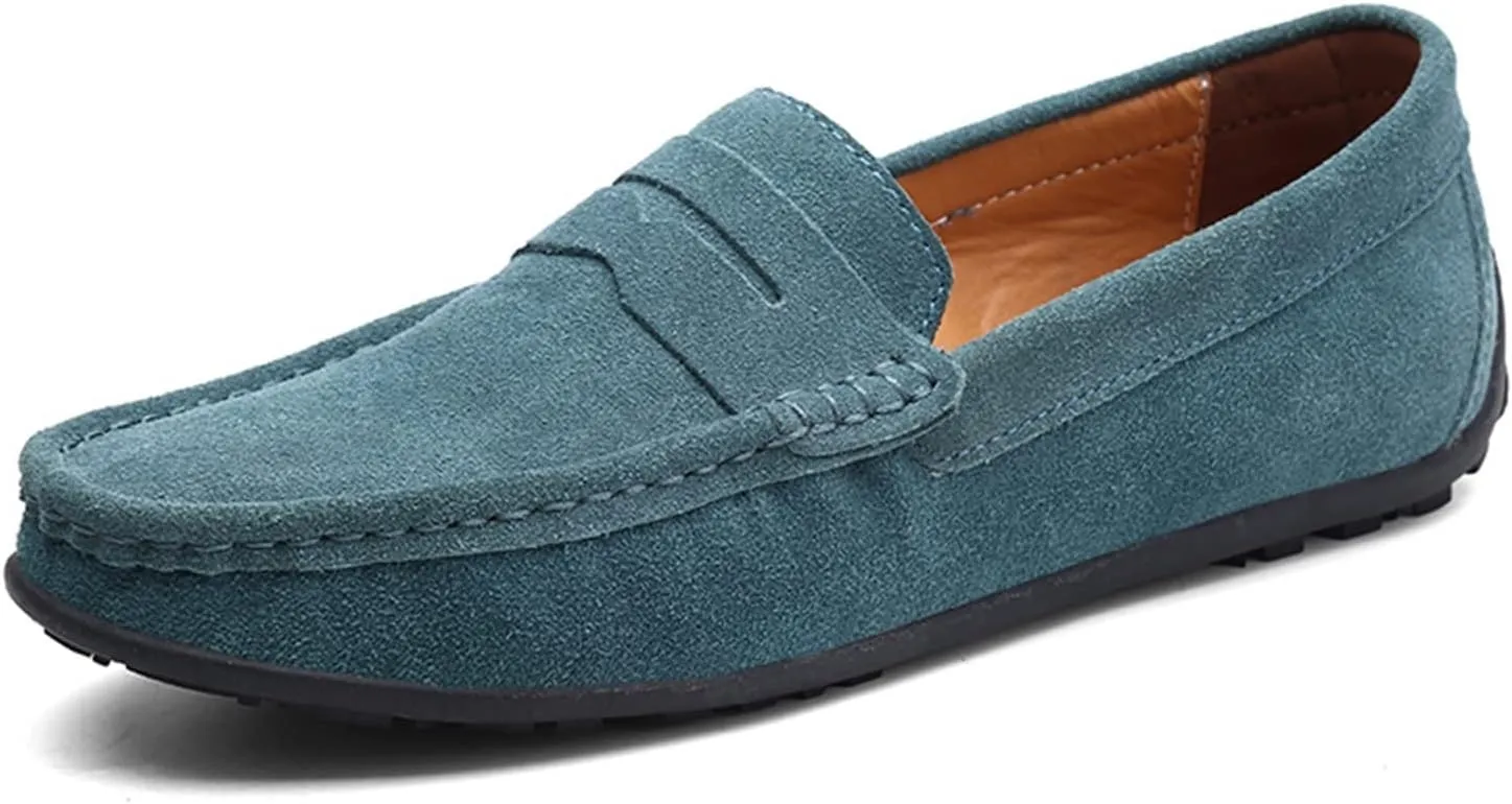 Loafer Shoes for Men Genuine Leather Stitching Details Round Toe Suede Vamp Penny Loafer Rubber Sole Resistant Flexible Flat Heel Lightweight Casual (Color : Green, Size : 10.5)