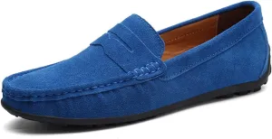 Loafer Shoes for Men Genuine Leather Stitching Details Round Toe Suede Vamp Penny Loafer Rubber Sole Resistant Flexible Flat Heel Lightweight Casual (Color : Light Blue, Size : 9)