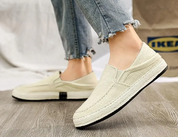 Men's Canvas Slip-on Espadrilles Loafers,Fashion Breathable Hand Stitching Linen Indoor Outdoor Non-Slip Comfortable Flat, Casual Walking Sneakers Moccasins Boat Shoes