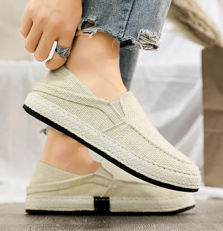 Men's Canvas Slip-on Espadrilles Loafers,Fashion Breathable Hand Stitching Linen Indoor Outdoor Non-Slip Comfortable Flat, Casual Walking Sneakers Moccasins Boat Shoes