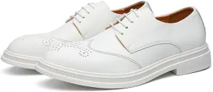 Men's Classic Leather Wingtip Low Heel Oxford Shoes Fashion Pointed Toe Comfort Non Slip White Dress Shoes Business Office Wedding Shoes