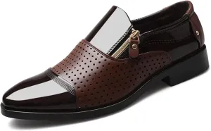 Men's Dress Shoes Patent Leather Loafers Comfy Slip-on Business Dress Flats with Zipper Breathable Driving Shoes