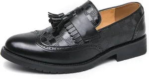 Men's Leather Wingtip Fringe Business Dress Loafers Oxford Shoes Tassel Pointed Toe Comfort Slip-On Derby Shoes for Wedding Party Office