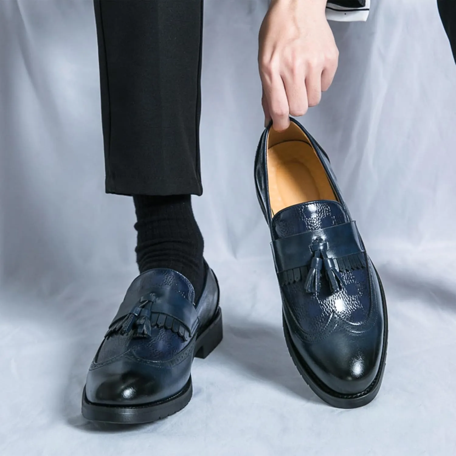 Men's Leather Wingtip Fringe Business Dress Loafers Oxford Shoes Tassel Pointed Toe Comfort Slip-On Derby Shoes for Wedding Party Office