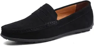 Men's Loafers Shoes Genuine Leather Round Toe Stitching Details Suede Vamp Rubber Sole Penny Loafer Slip Resistant Lightweight Flexible Wedding(Black,10 M US)