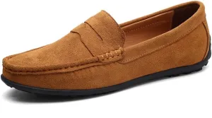 Men's Loafers Shoes Genuine Leather Round Toe Stitching Details Suede Vamp Rubber Sole Penny Loafer Slip Resistant Lightweight Flexible Wedding(Brown,10 M US)