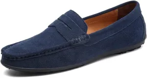 Men's Loafers Shoes Genuine Leather Round Toe Stitching Details Suede Vamp Rubber Sole Penny Loafer Slip Resistant Lightweight Flexible Wedding(Darkblue,10 M US)