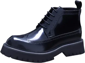 Mens Mid-Heels Brogues Boots, Genuine Leather Ankle Boot, Lace Up Casual Mid-top Shoes for Work Office Outdoor