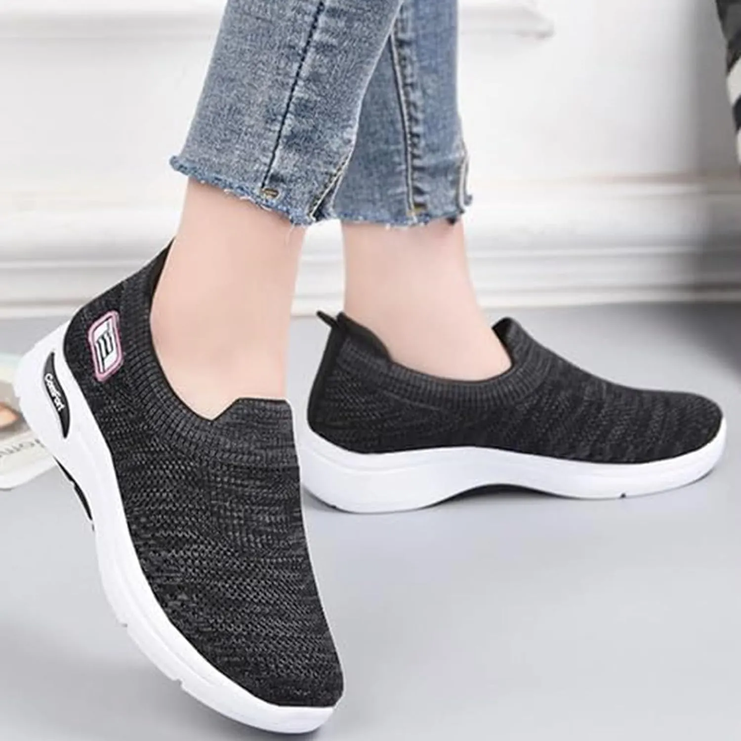 Slip On Orthopedic Sneakers for Women Breathable Mesh Woven Low Top Walking Shoes Wide Width Soft Sole Arch Support Shoe Comfy Work Walking Shoes Lightweight Tennis Sneaker